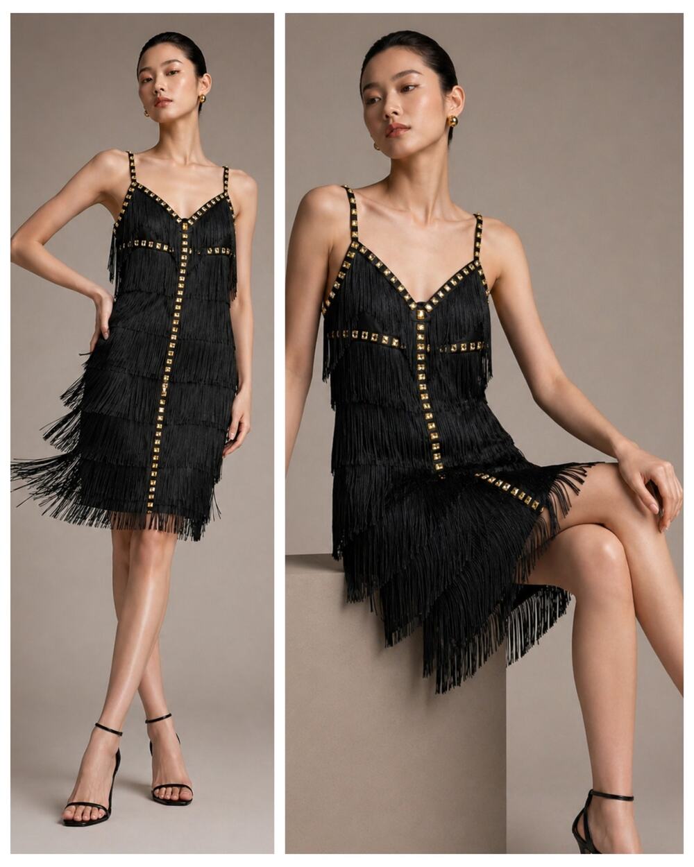 Mandalay Fringe Dress 8 Black Gold Rhinestone Flapper Cocktail NWT